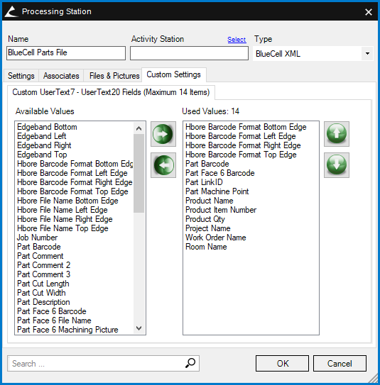 Fig. 6 - Processing Station Custom Settings