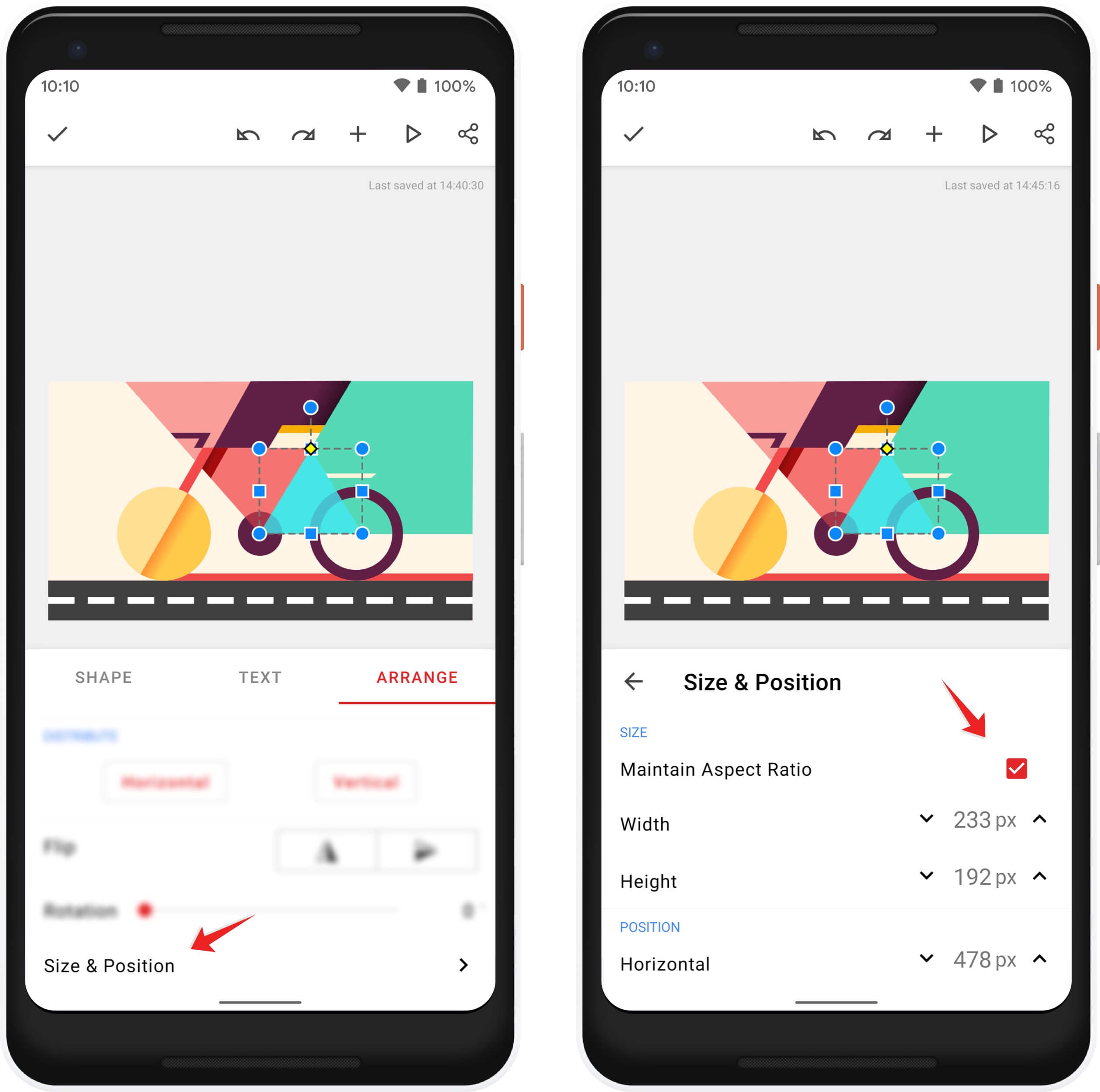 Adjust Size and Position for a shape in Zoho Show Android App