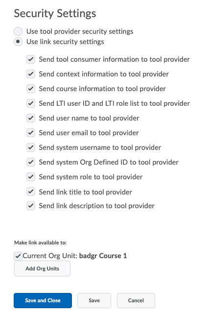 LTI security settings