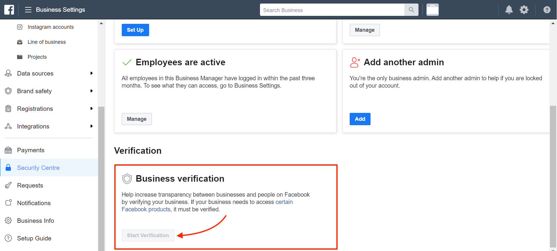 What should I do if my Business Verification button is Greyed out?