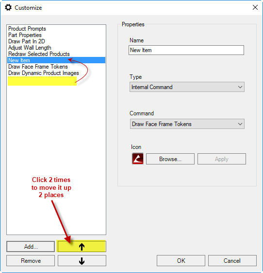 Click the arrows to move the new item where desired. 