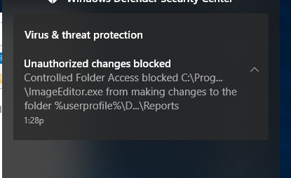 Windows 10 Controlled folder access warning