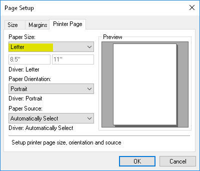 Page setup dialog