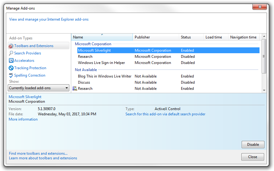 Manage Add-ons window for Internet Explorer 11