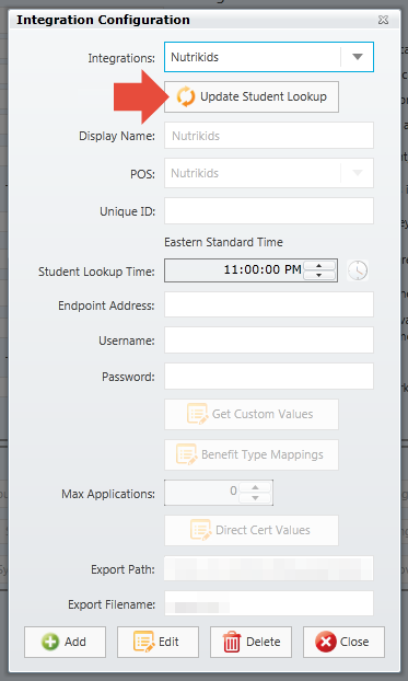 The location for the Update Student Lookup button in the Integration Configuration window