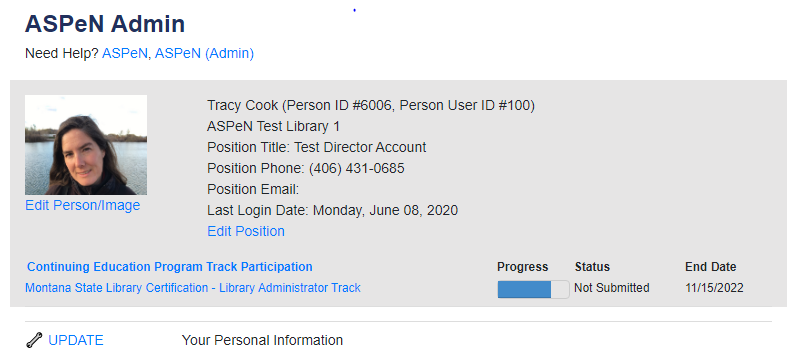 ASPeN sample user test account to update user information. 