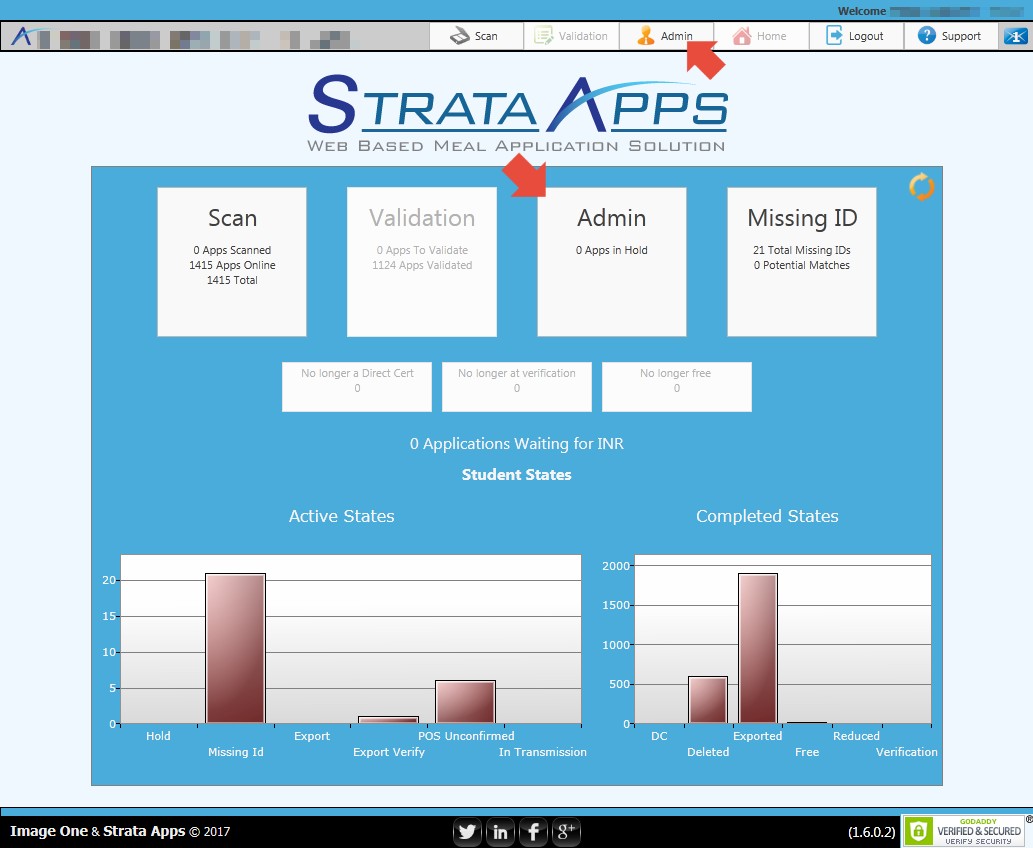 Strata Apps home screen with locations of the 'Admin' pane and buttons highlighted