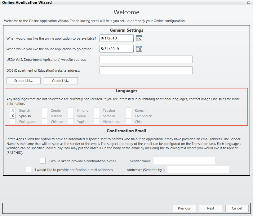 The Strata Apps online wizard interface with the Languages section highlighted.