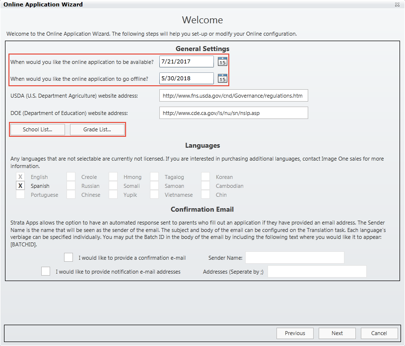 The 'Welcome' screen in the Strata Apps Online Application Wizard with the online and offline dates highlighted as well as the buttons for the 'School List' and 'Grade List'