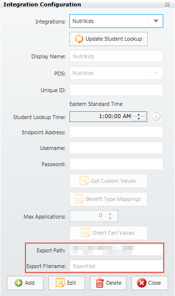 Strata Apps Integration Configuration window with the Export fields highlighted