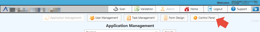 Strata Apps Admin module with location of 'Control Panel' button highlighted