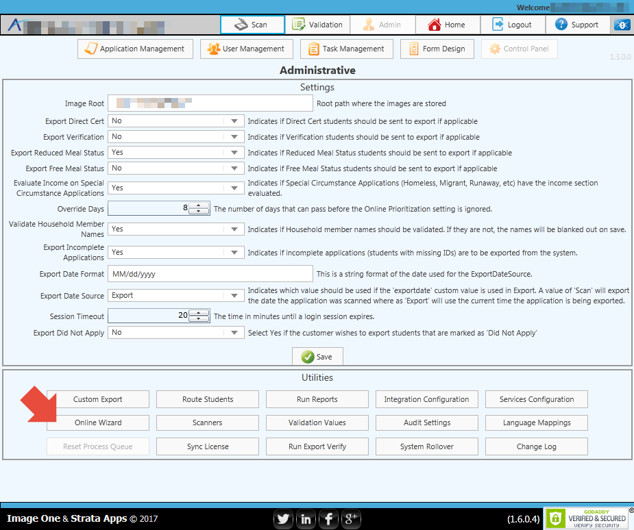 'Online Wizard' button location in the Strata Apps Control Panel screen