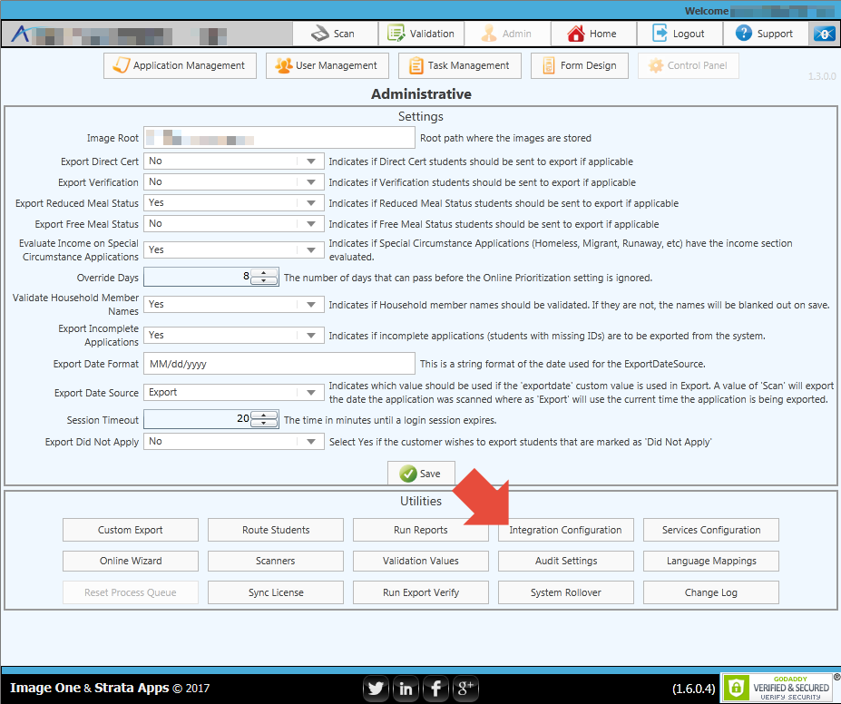 Strata Apps Control Panel screen with the location of the 'Integration Configuration' button highlighted