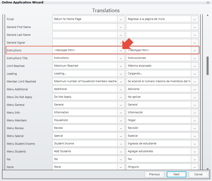 The 'Translations' screen in the Strata Apps Online Application Wizard with the 'Instructions' fields highlighted