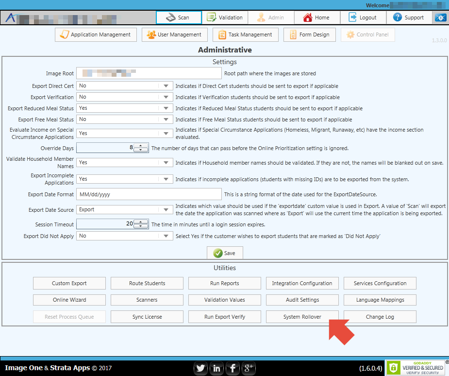 Strata Apps Control Panel screen with location of 'System Rollover' button highlighted