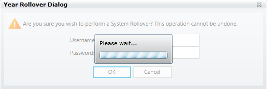 Strata Apps Year Rollover Dialog 'Please wait...' screen