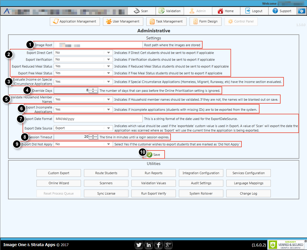 Strata Apps control panel screen with administrative settings highlighted