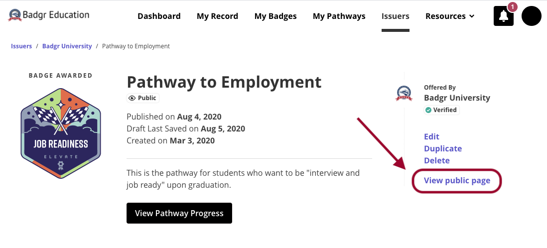 pathways public page from badgr account