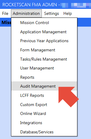 RocketScan Administration menu with 'Audti Management' highlighted