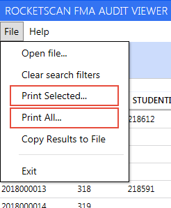 The 'File' menu in the RocketScan Audit Viewer with the two print options selected