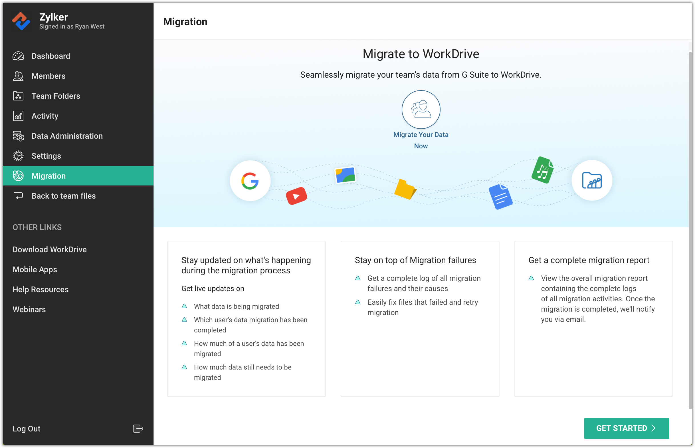 iniciar migración zoho workdrive