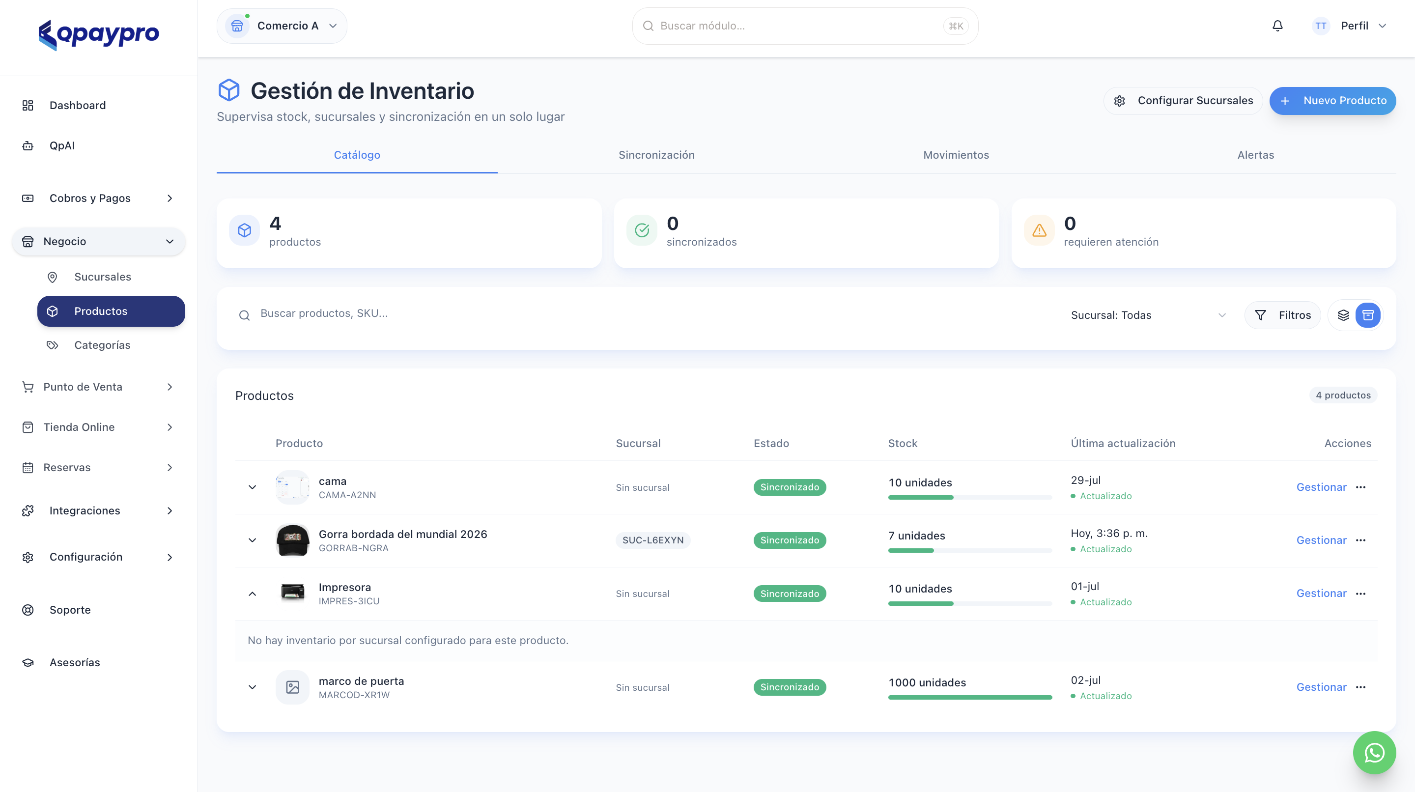 Gestion de Inventario con catalogo de productos, stock y estado sincronizado
