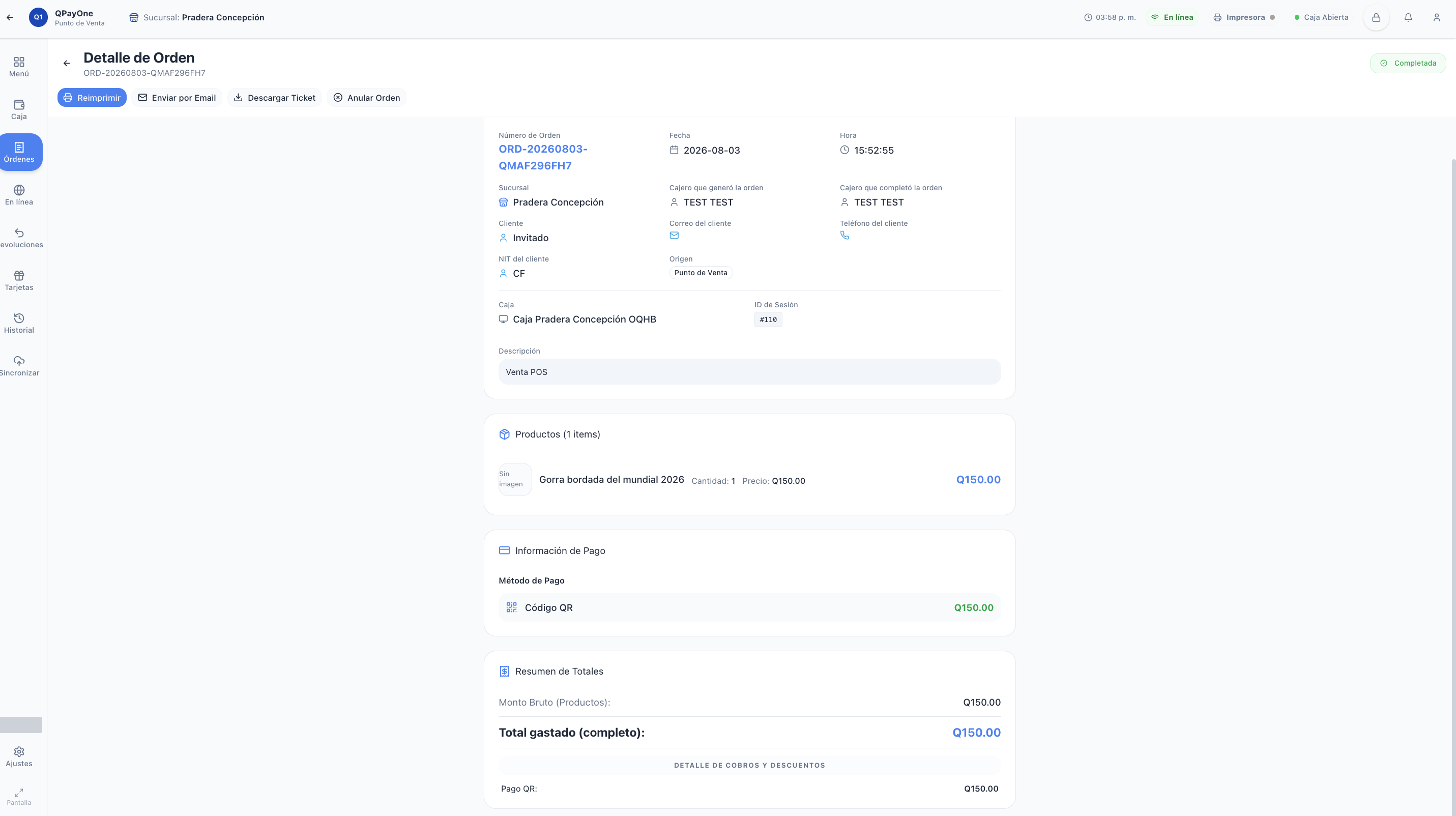 Detalle de orden con datos, productos, metodo de pago y resumen de totales