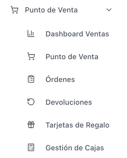 Menu lateral con la seccion Punto de Venta desplegada y sus modulos