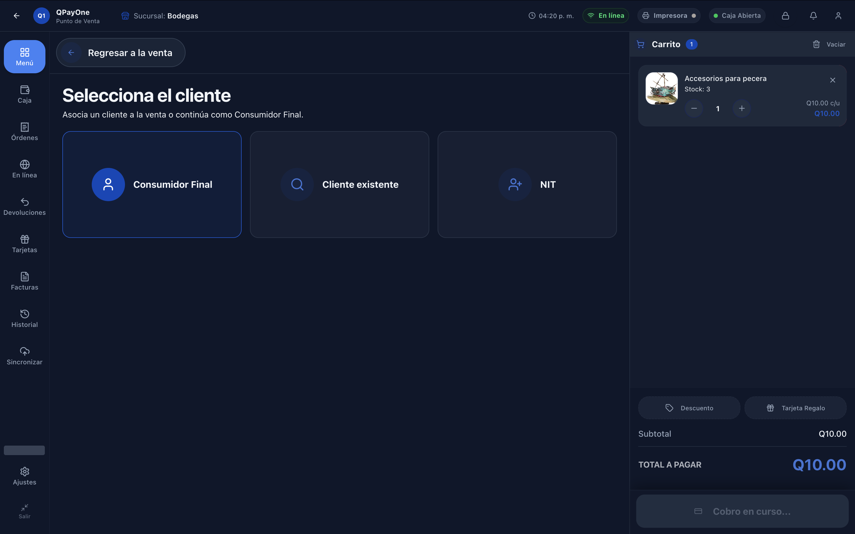 Pantalla Selecciona el cliente con opciones Consumidor Final, Cliente y NIT