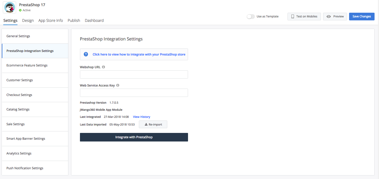 Prestashop Integrated App Settings