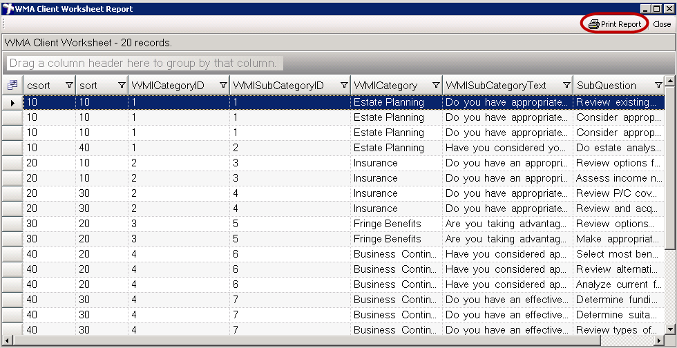 Reports List: FMA Worksheet