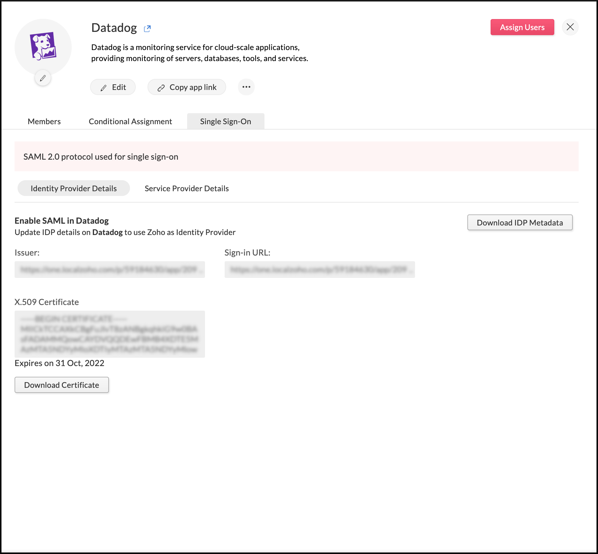 Identity provider details needed to configure SAML in Datadog