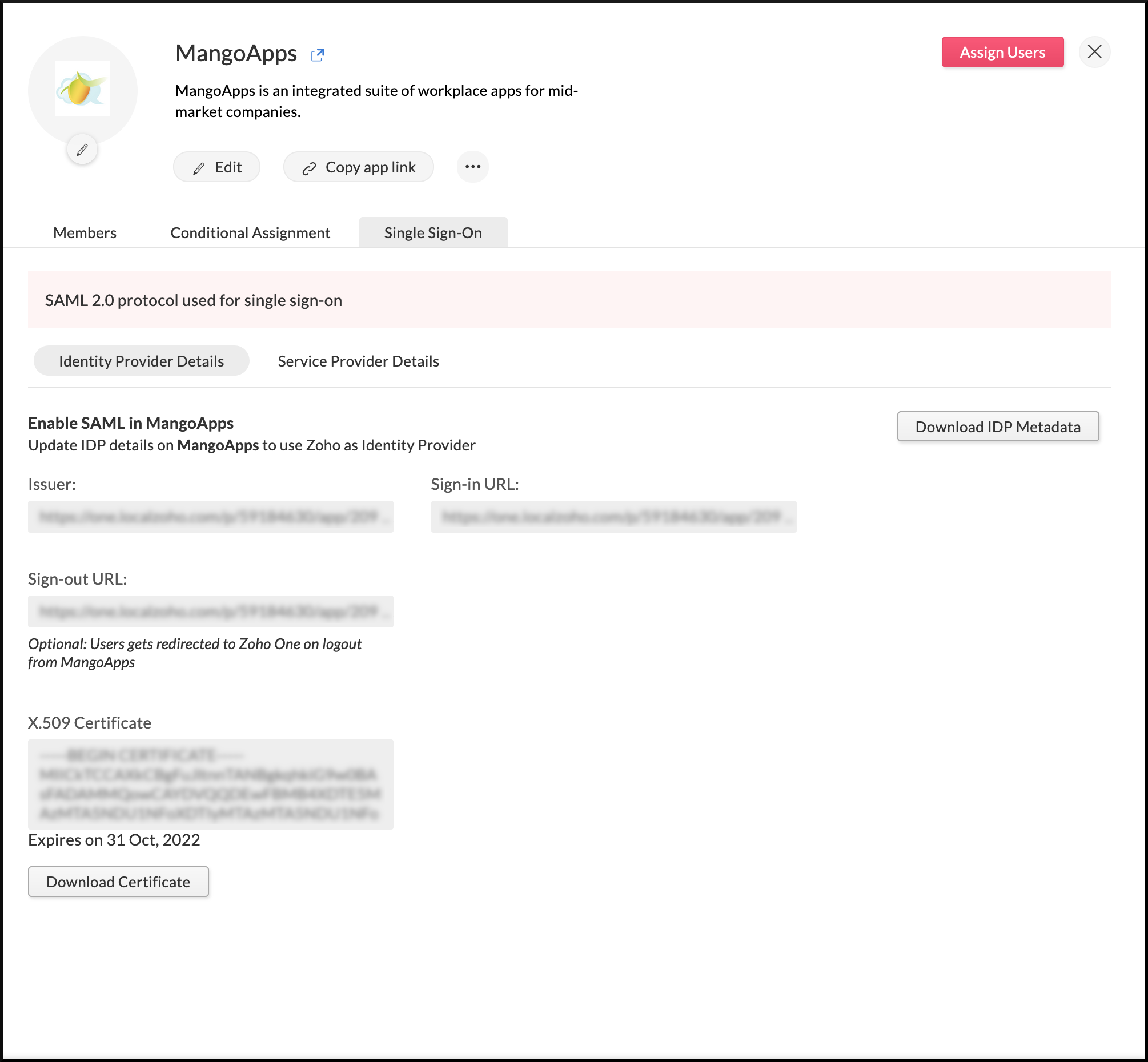 Identity provider details needed to configure SAML in MangoApps