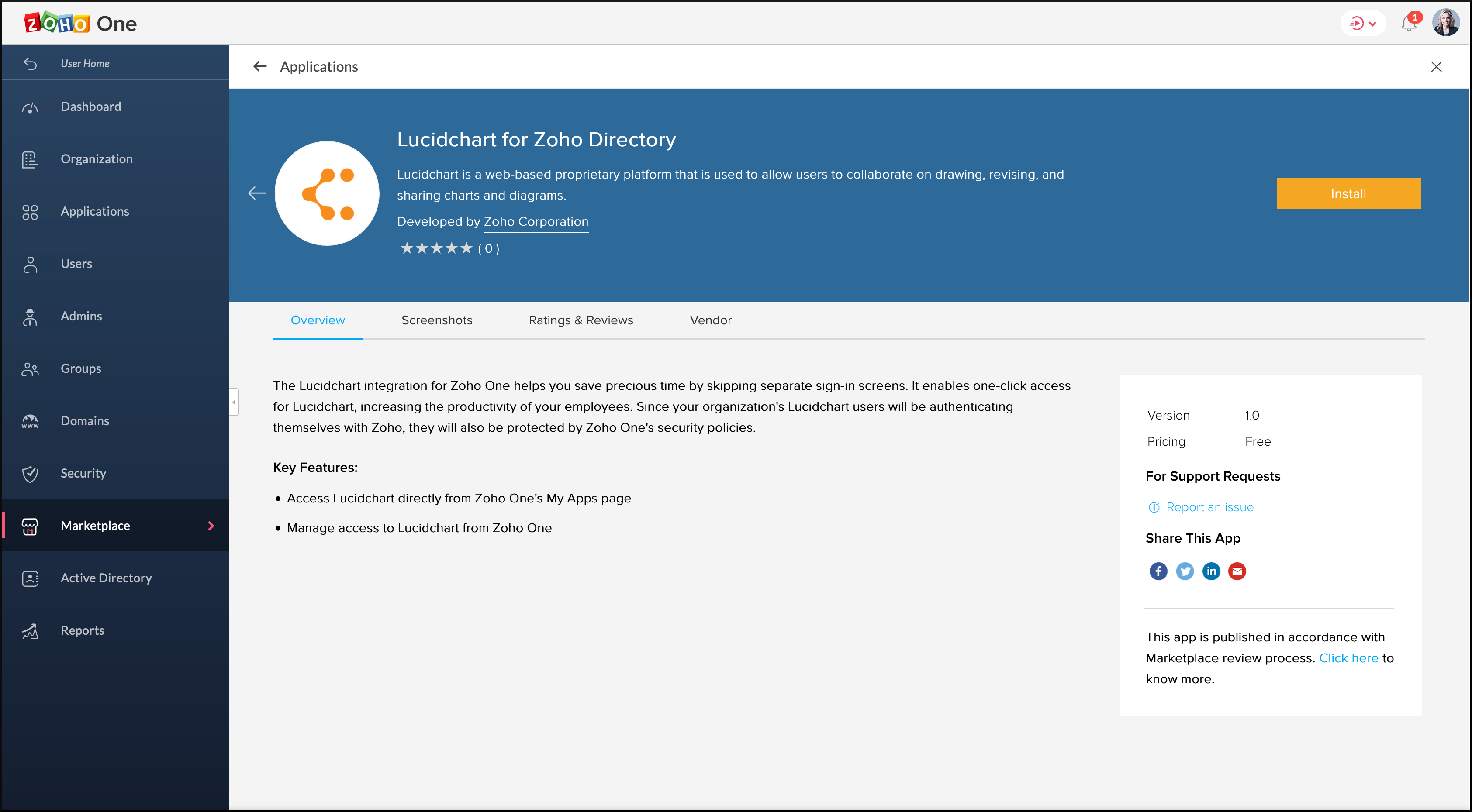 Lucidchart's installation page in Zoho Marketplace