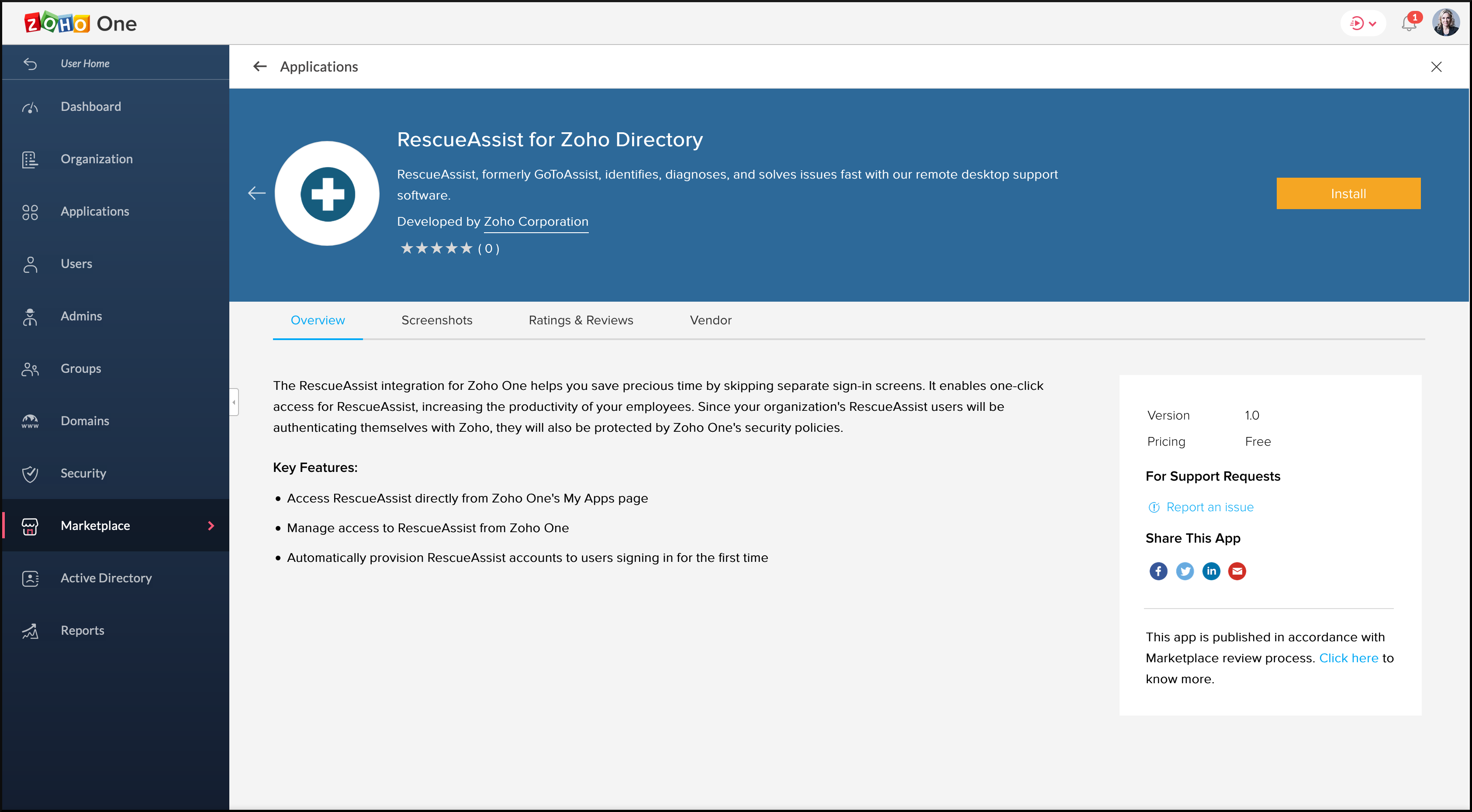 RescueAssist's installation page in Zoho Marketplace