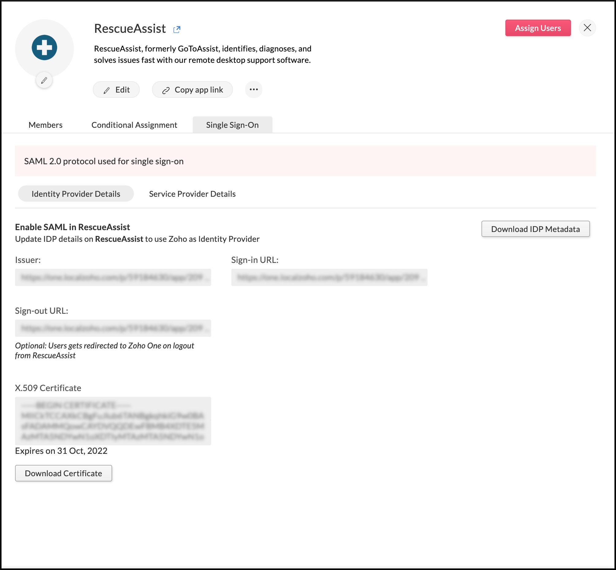 Identity provider details needed to configure SAML in RescueAssist