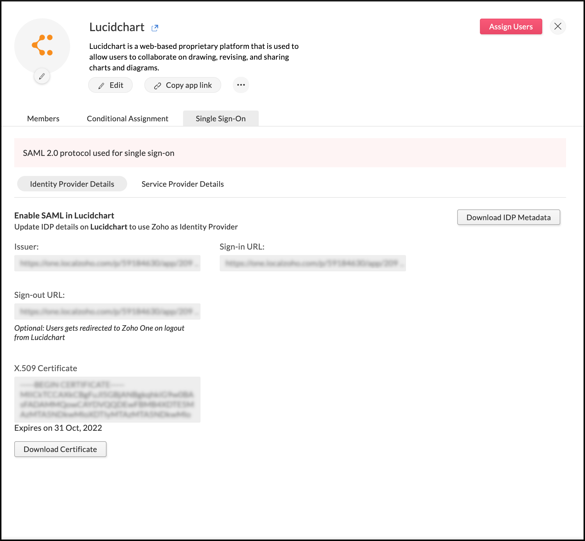 Identity provider details needed to configure SAML in Lucidchart