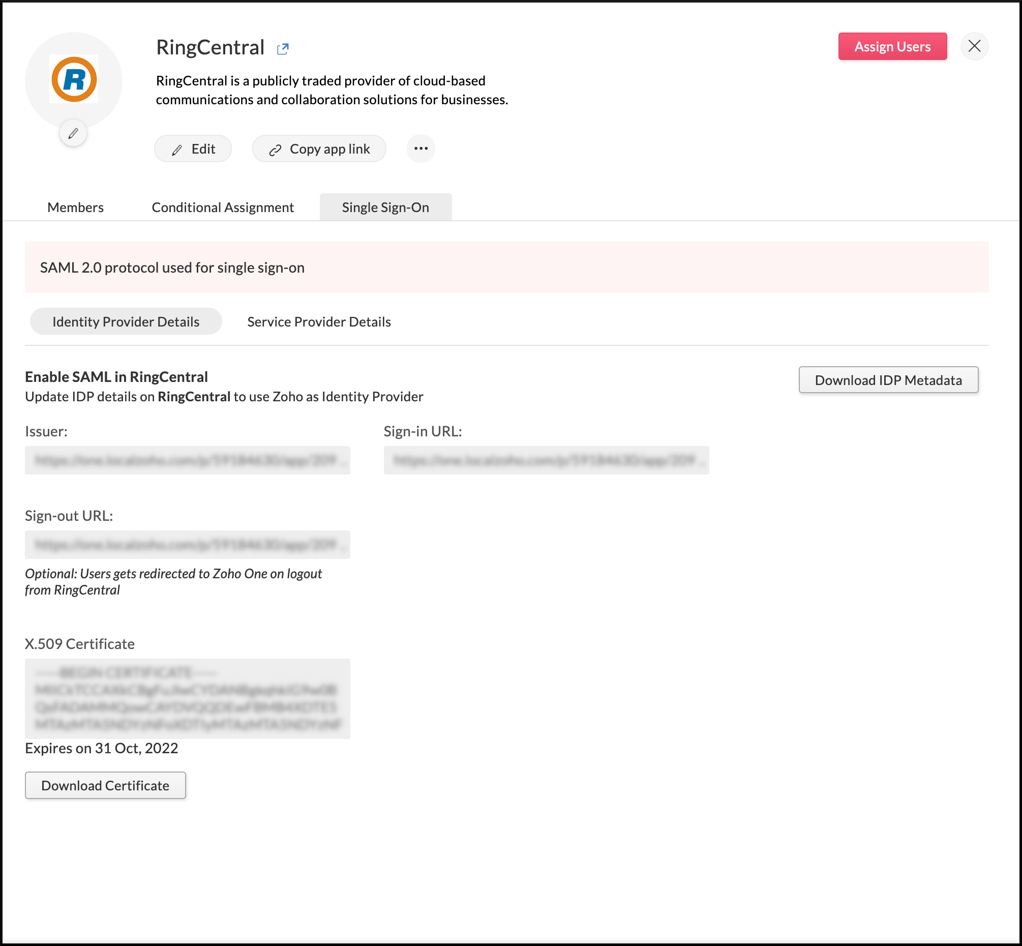 Identity provider details needed to configure SAML in RingCentral