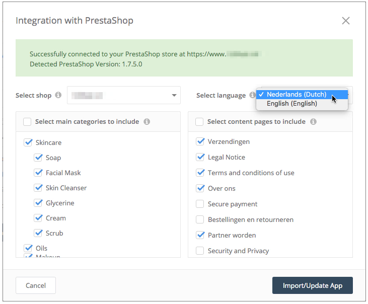 PrestaShop integration settings
