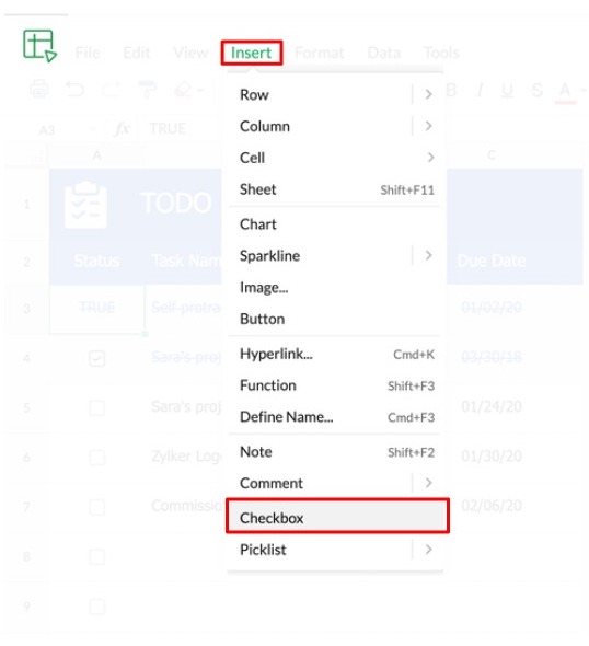 Insert checkboxes in spreadsheets