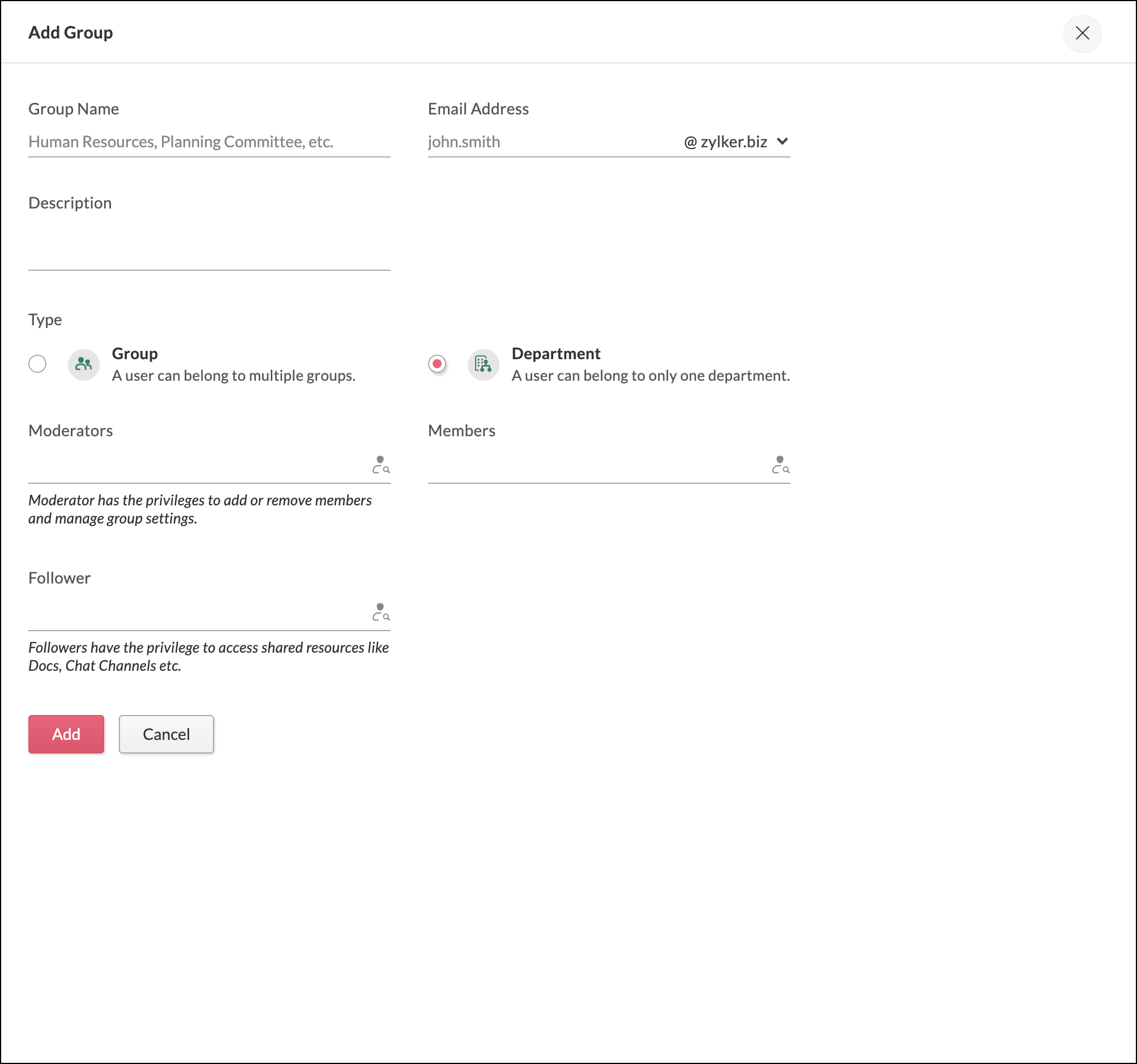 Adding a department in Zoho Directory.