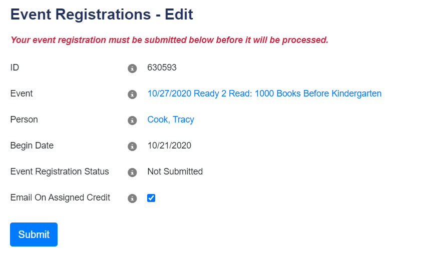 Example of confirmation page after registering for an event, it shoes the name of the event, name of registrant, and date
