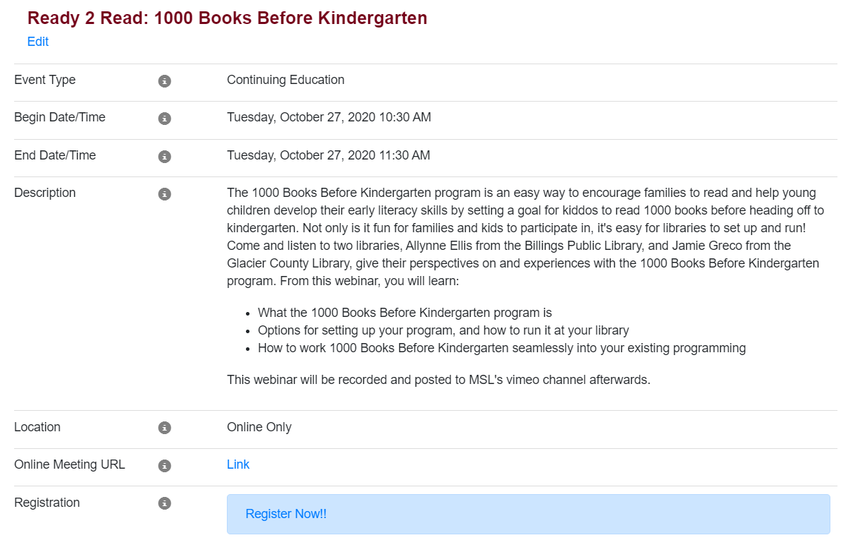 The event type, date/time, description of the event, location of the event, URLs for online access and registration.