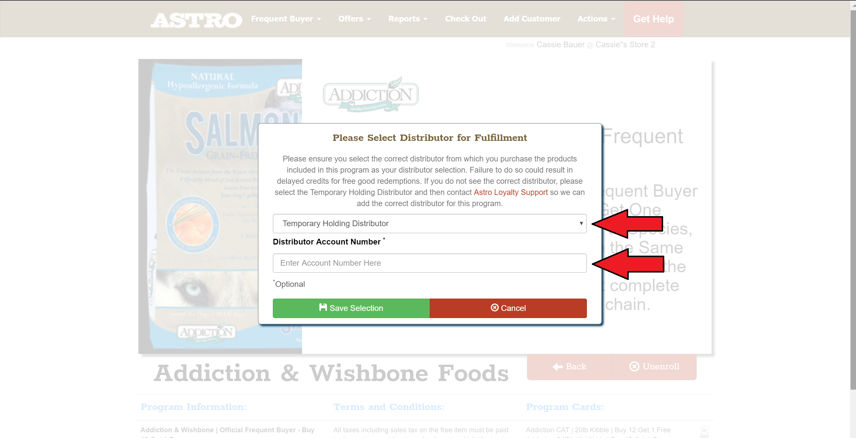 Selecting/Updating Distributor and Account Number Information