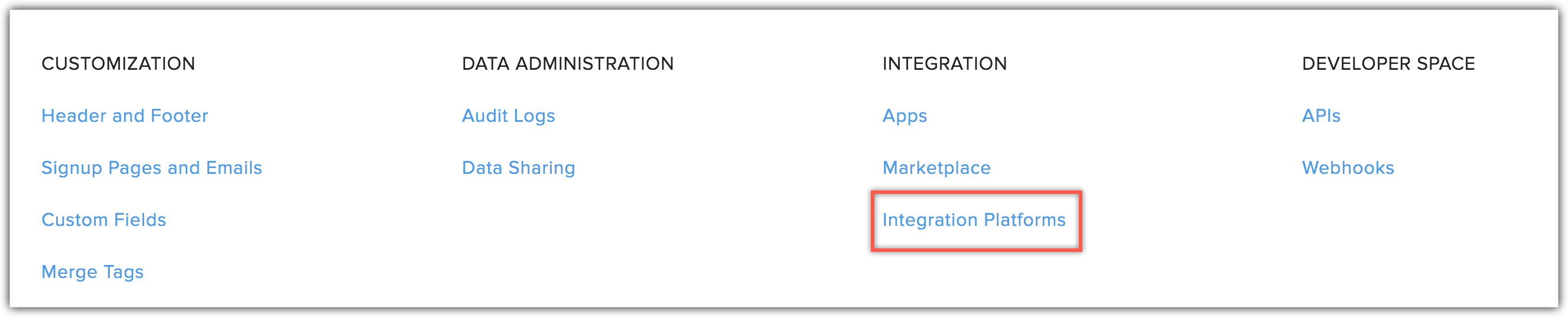 integration platforms menu