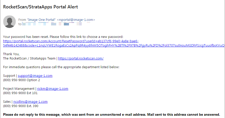 Email from Image One Portal with a reset password link