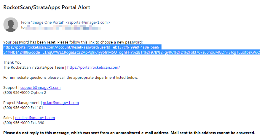 An email from Image One Portal with the link to reset a user's password highlighted