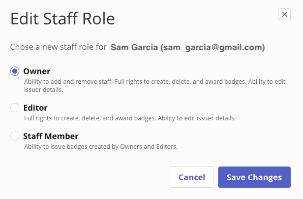 Edit staff role popup