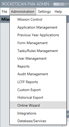 Location of the Online Wizard in the RocketScan Administration menu