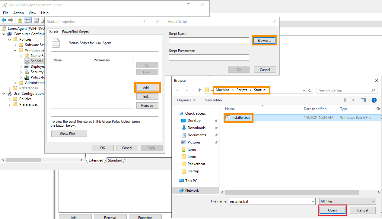 Assign installation script in the Startup Properties